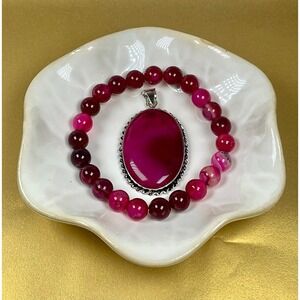 Hot Pink Agate Beaded Stone Bracelet & Pendant Set
